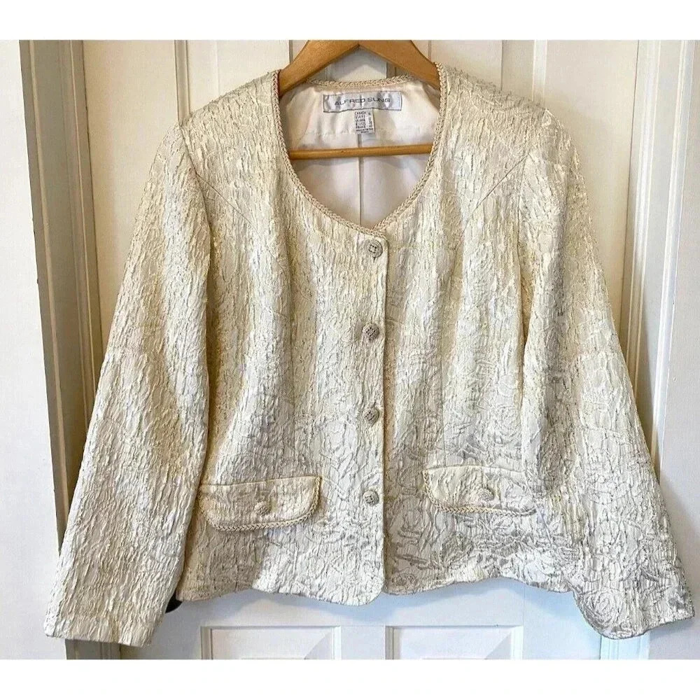 ⭐️Alfred Sung Cream Gold Thread Jacket Blazer Sz 10 Elegant Designer Canada